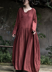 Loose Red Wrinkled Pockets Cotton Maxi Dress Long Sleeve