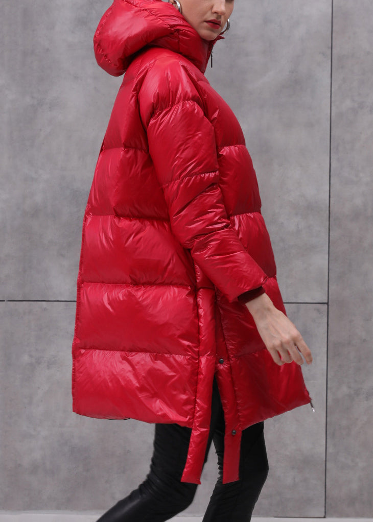 Loose Red Zip Up Pockets Patchwork Duck Down Coat Winter