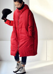 Loose Red Zippered Long Hooded Duck Down Filled Down Coat Winter