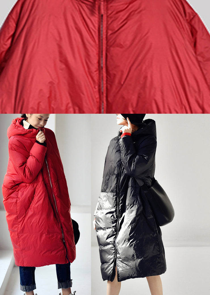 Loose Red Zippered Long Hooded Duck Down Filled Down Coat Winter