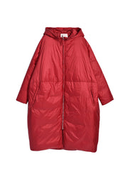 Loose Red Zippered Long Hooded Duck Down Filled Down Coat Winter