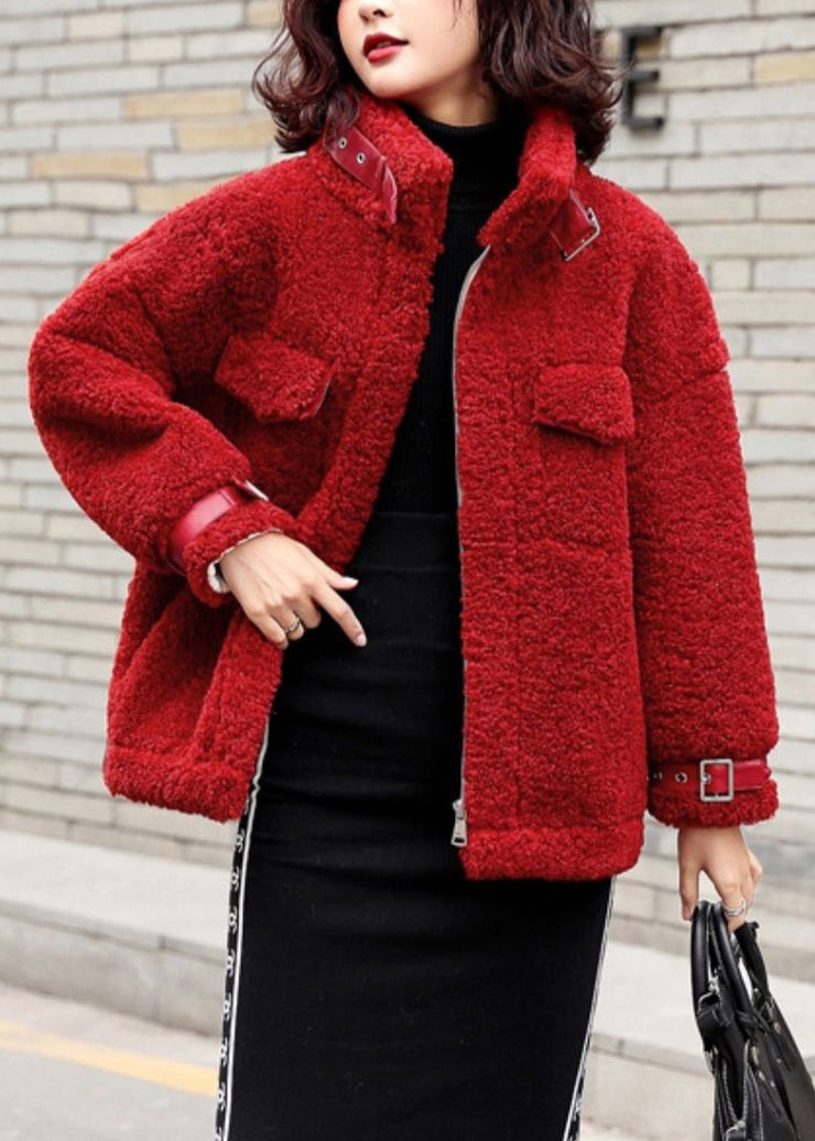 Loose Red Zippered Solid Patchwork Teddy Faux Fur Coat Winter