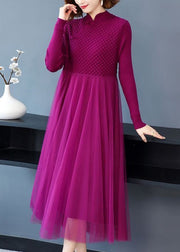 Loose Rose Button Tulle Patchwork Long Sweater Dress Fall