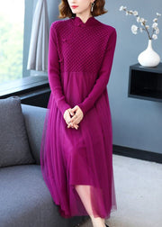 Loose Rose Button Tulle Patchwork Long Sweater Dress Fall