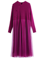 Loose Rose Button Tulle Patchwork Long Sweater Dress Fall