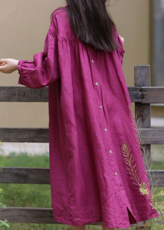 Loose Rose O Neck Button Solid Cotton Long Dress Spring