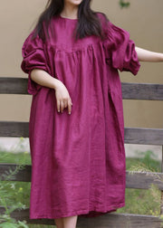 Loose Rose O Neck Button Solid Cotton Long Dress Spring