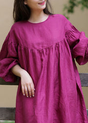 Loose Rose O Neck Button Solid Cotton Long Dress Spring