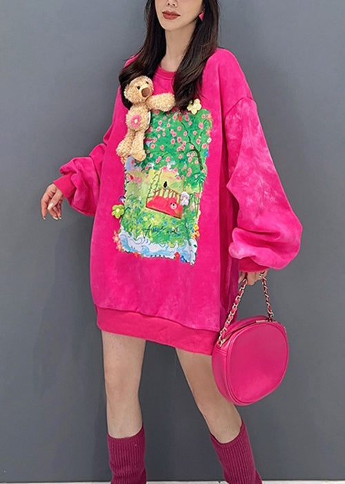 Loose Rose Print Side Open Patchwork Cotton Sweatshirt Long Sleeve