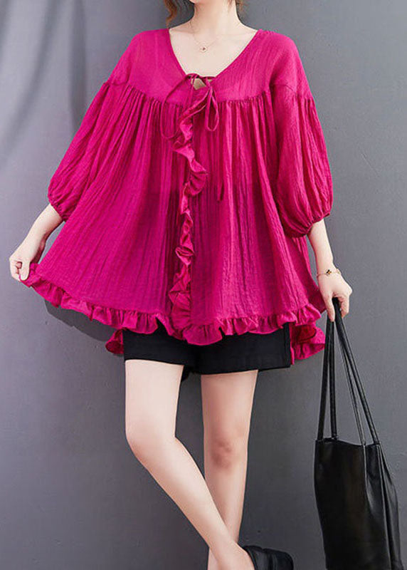 Loose Rose Ruffled Patchwork Lace Up Cotton Shirts Top Summer