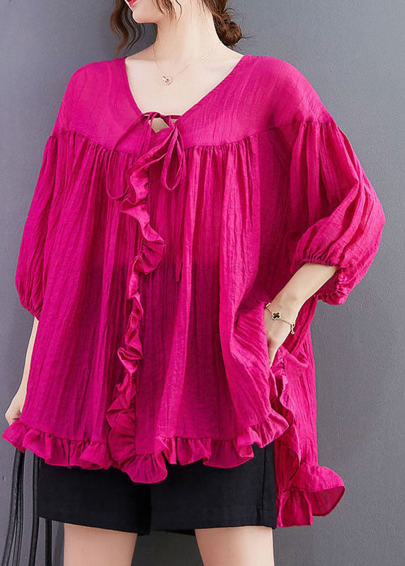 Loose Rose Ruffled Patchwork Lace Up Cotton Shirts Top Summer