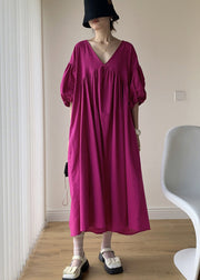 Loose Rose V Neck Wrinkled Patchwork Cotton Long Dresses Summer