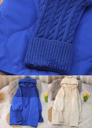 Loose Royal Blue Hooded Knit Patchwork Mid Parka Long Sleeve