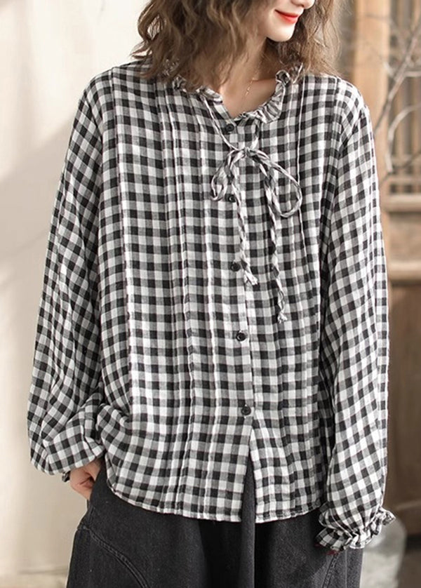 Loose Ruffled Plaid Lace Up Cotton Shirts Top Spring