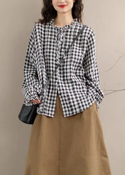 Loose Ruffled Plaid Lace Up Cotton Shirts Top Spring