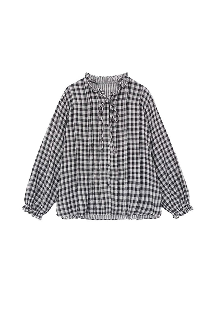 Loose Ruffled Plaid Lace Up Cotton Shirts Top Spring