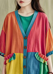 Loose Ruffled Pockets Button Patchwork Cotton Cardigan Coat Summer