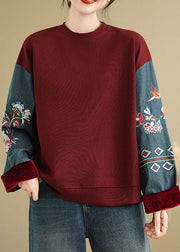 Loose Rust O Neck Embroidered Patchwork Cotton Tops Spring