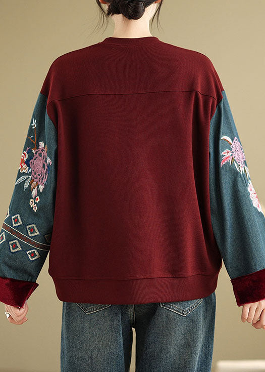 Loose Rust O Neck Embroidered Patchwork Cotton Tops Spring