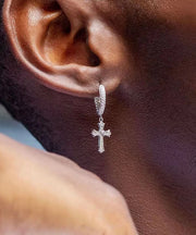 Loose Silk Sterling Silver Zircon Cross Hoop Earrings