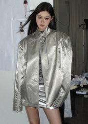 Loose Silver Stand Collar Zip Up Faux Leather Neutral Coat Winter