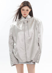 Loose Silver Stand Collar Zip Up Faux Leather Neutral Coat Winter