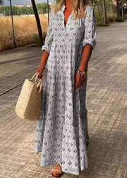 Loose Sky Blue V Neck Print Maxi Dresses Fall