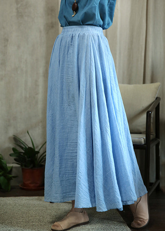 Loose Sky Blue Wrinkled Elastic Waist Cotton Skirts Fall