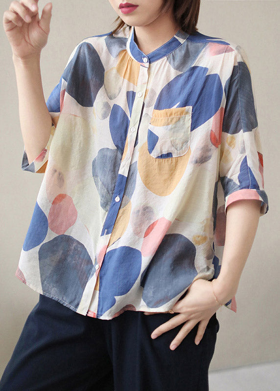 Loose Stand Collar Dot Print Button Silk Cotton Shirt Half Sleeve