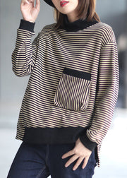 Loose Striped Low High Design Patchwork Cotton Top Fall