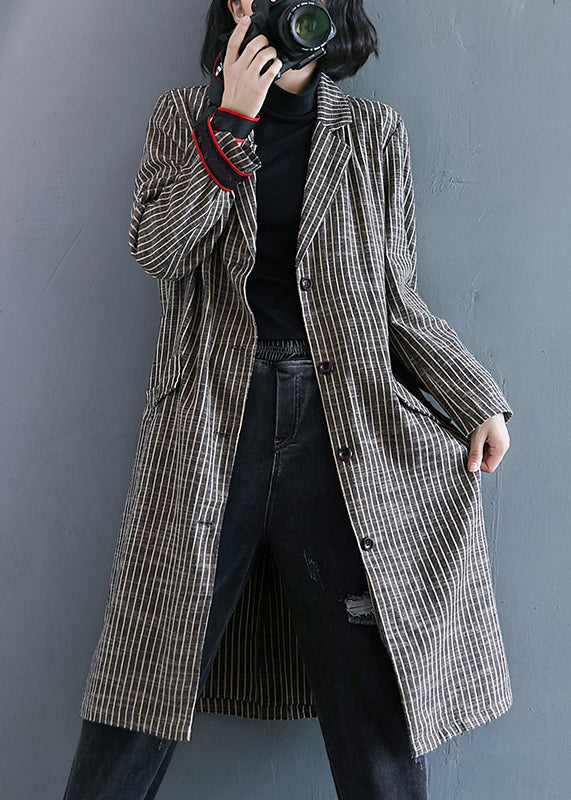 Loose Striped Notched Button Patchwork Cotton Long Coats Fall