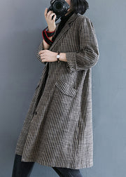 Loose Striped Notched Button Patchwork Cotton Long Coats Fall