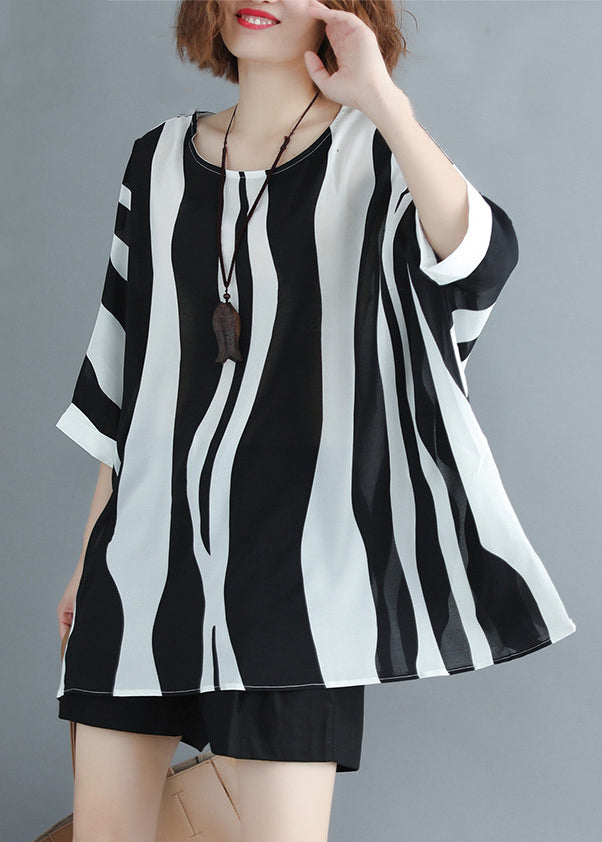 Loose Striped O Neck Chiffon T Shirt Batwing Sleeve