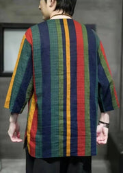 Loose Striped O-Neck Side Open Linen Men T Shirt Half Sleeve