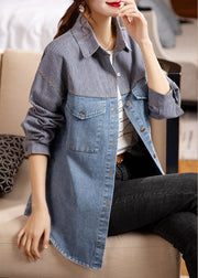 Loose Striped Peter Pan Collar Button Patchwork Denim Shirt Tops Fall