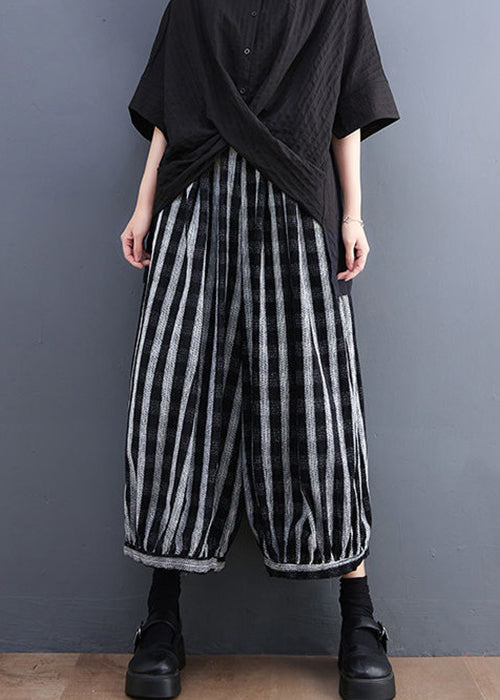 Loose Striped Pockets Elastic Waist Cotton Wide Leg Pants Spring