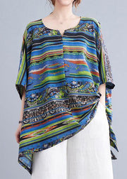 Loose Striped Print Side Open Cotton T Shirt Batwing Sleeve
