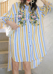 Loose Striped Ruffled Low High Design Cotton Shirt Dress Spring