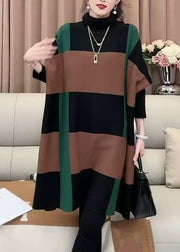 Loose Striped Turtleneck Patchwork Knit Sweater Batwing Sleeve