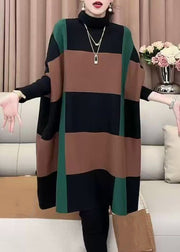 Loose Striped Turtleneck Patchwork Knit Sweater Batwing Sleeve