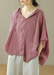 Loose V Neck Asymmetrical Patchwork Pockets Drawstring Top Long Sleeve