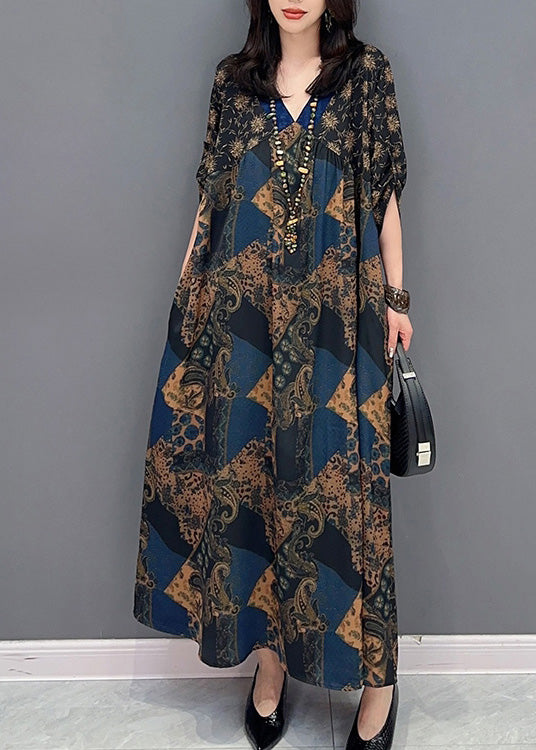 Loose V Neck Print Long Dress Summer