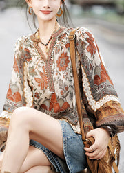 Loose V Neck Print Low High Design Cotton Tops Spring