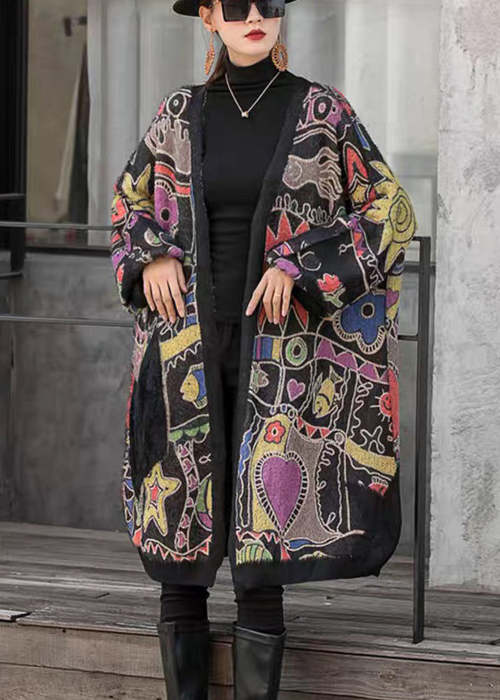 Loose V Neck Print Pockets Cotton Knit Long Cardigan Long Sleeve