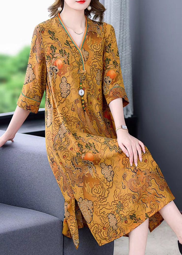 Loose V Neck Print Side Open Silk Maxi Dresses Half Sleeve