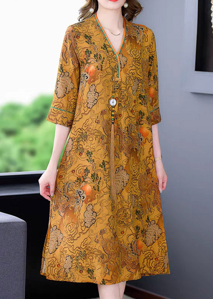 Loose V Neck Print Side Open Silk Maxi Dresses Half Sleeve