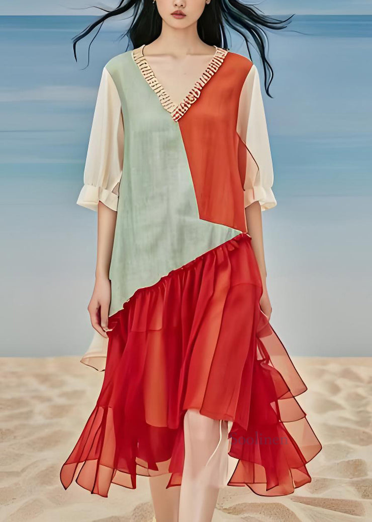Loose V Neck Ruffled Tulle Patchwork Cotton Long Dress Summer