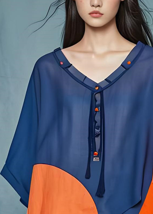 Loose V Neck Tasseled Asymmetrical Patchwork Cotton Top Summer