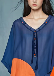 Loose V Neck Tasseled Asymmetrical Patchwork Cotton Top Summer