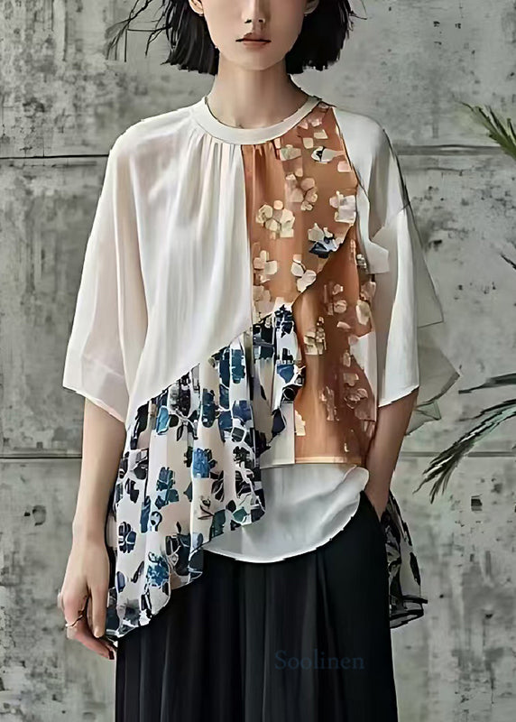 Loose White Asymmetrical Patchwork Cotton Shirt Top Summer